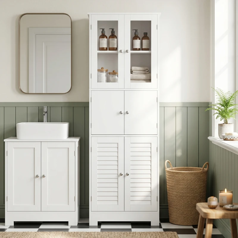 HOMCOM Freestanding Bathroom Cabinet with Glass/Louvred Doors, Tall Bathroom Cabinet for Kitchen, Study, Living Room