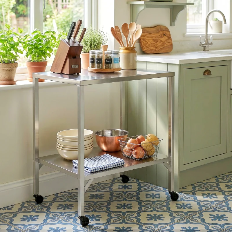 Outsunny Outdoor Grill Cart with Stainless Steel Tabletop, Pizza Oven Stand with Shelf, Lockable Wheels, Rolling BBQ Table