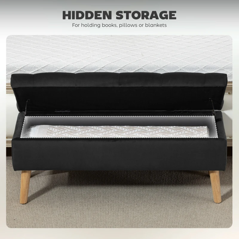 HOMCOM Storage Ottoman with Lid, Velvet Upholstered Storage Bench with Wood Legs for Living Room, Black