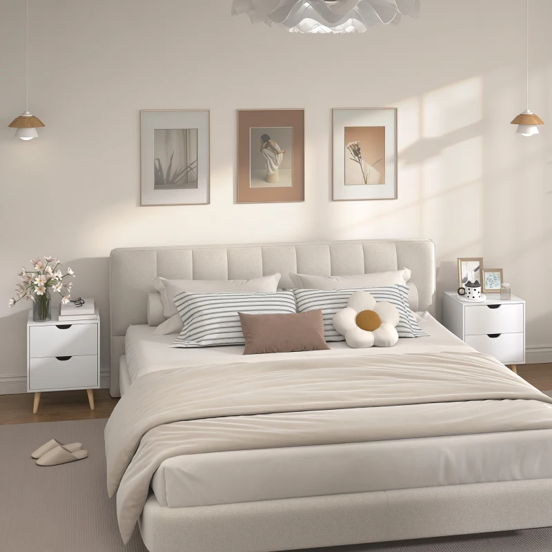 HOMCOM Modern Bedside Table Set of 2, Nightstand with 2 Drawers and Pine Wood Legs for Bedroom, White