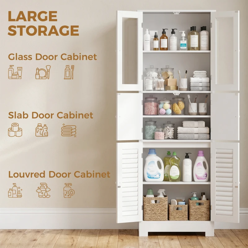 HOMCOM Freestanding Bathroom Cabinet with Glass/Louvred Doors, Tall Bathroom Cabinet for Kitchen, Study, Living Room