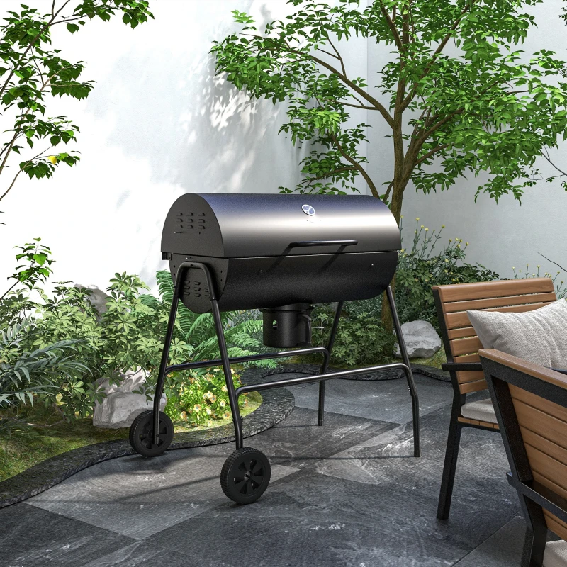 Outsunny Barrel Charcoal BBQ Smoker, Barbecue with 420 sq.in. Cooking Area, Wheels, Ash Catcher, Black