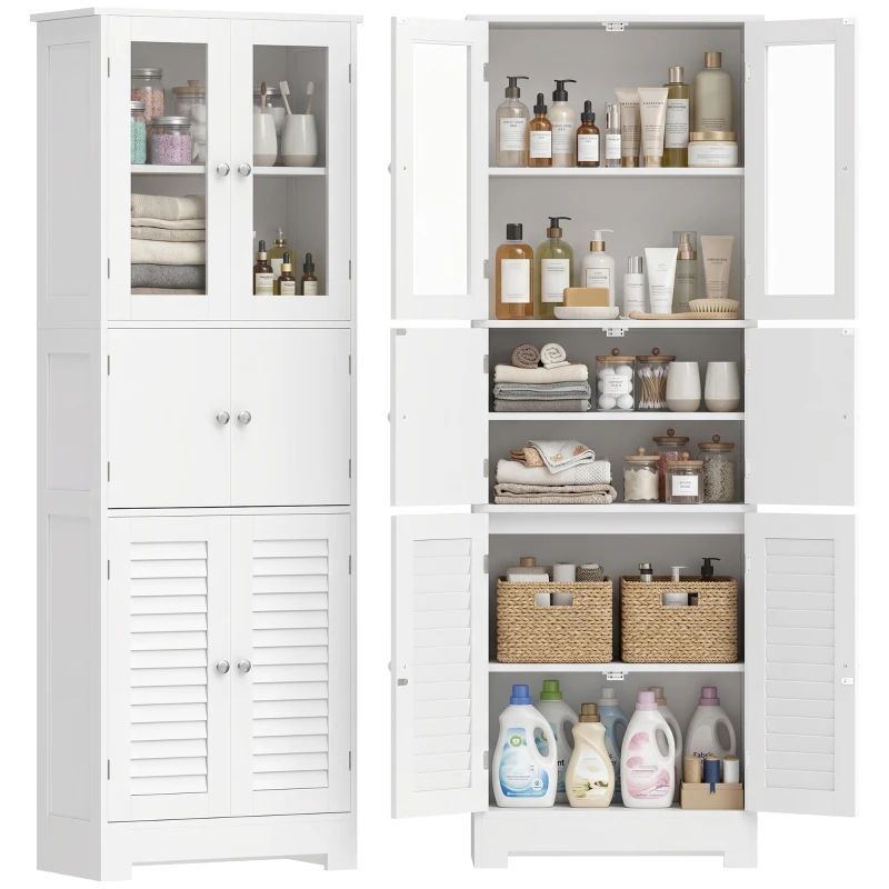 HOMCOM Freestanding Bathroom Cabinet with Glass/Louvred Doors, Tall Bathroom Cabinet for Kitchen, Study, Living Room