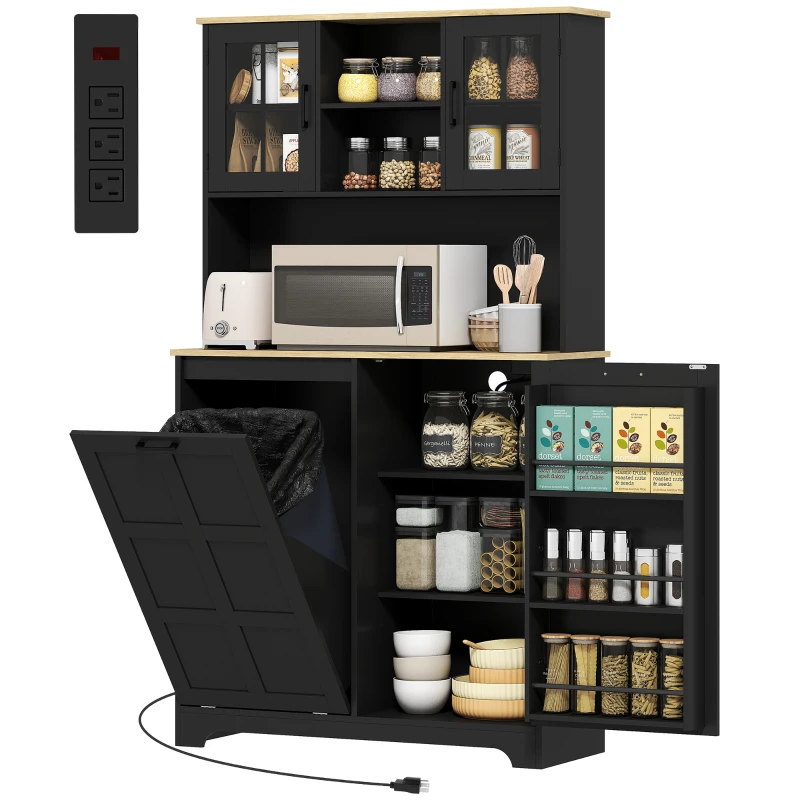 HOMCOM Kitchen Pantry Cabinet with Charging Station, 7 Gallon Trash Can Cabinet, Adjustable Shelves and Acrylic Doors, Black