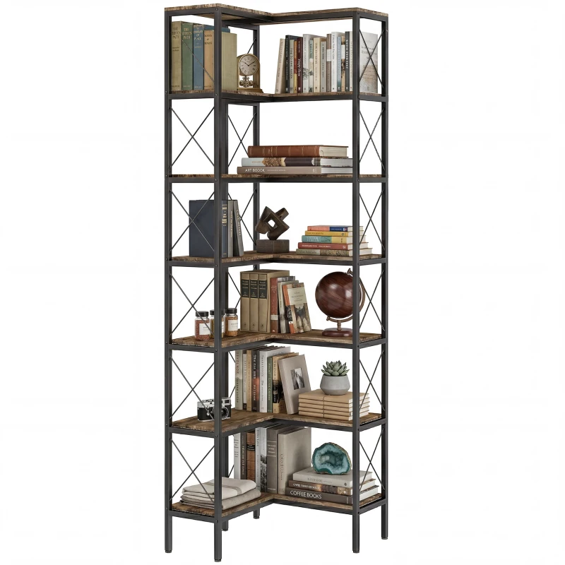 HOMCOM 6-Tier L-Shaped Bookshelf, Freestanding Corner Bookcase with Metal Frame, Rustic Brown