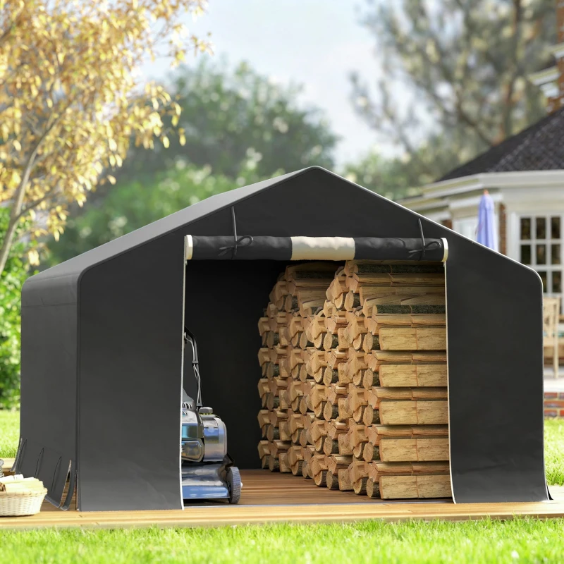 Outsunny 10' x 10' Portable Shed, Waterproof Bike Tent with Roll-up Zipper Door and Reinforced Galvanised Metal Frame, Dark Grey