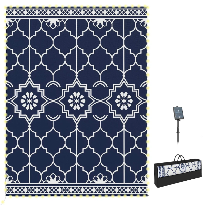Outsunny Reversible Outdoor Rug Carpet with LED Lights, 12' x 9' PP Straw Rug with Carry Bag and Ground Stakes