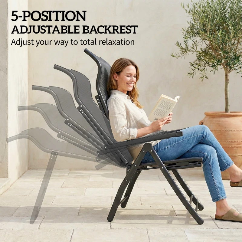 Outsunny Folding Patio Chairs Set of 2, 5-Position Outdoor Lounge Chairs with High Back, Retractable Footrest, Dark Grey