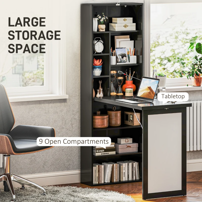 HOMCOM Fold-out Convertible Office Desk, Wall Mount Computer Desk with Whiteboard and Side Shelf, Black