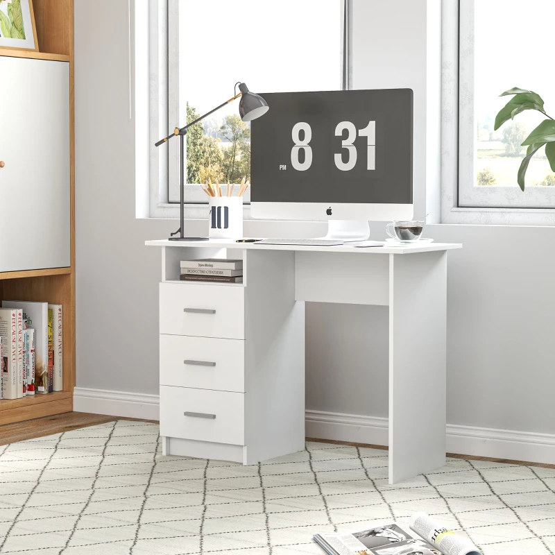 HOMCOM Computer Desk with Storage, 39" Home Office Desk with 3 Drawers nad Open Shelf, Writing Table for Bedroom, White