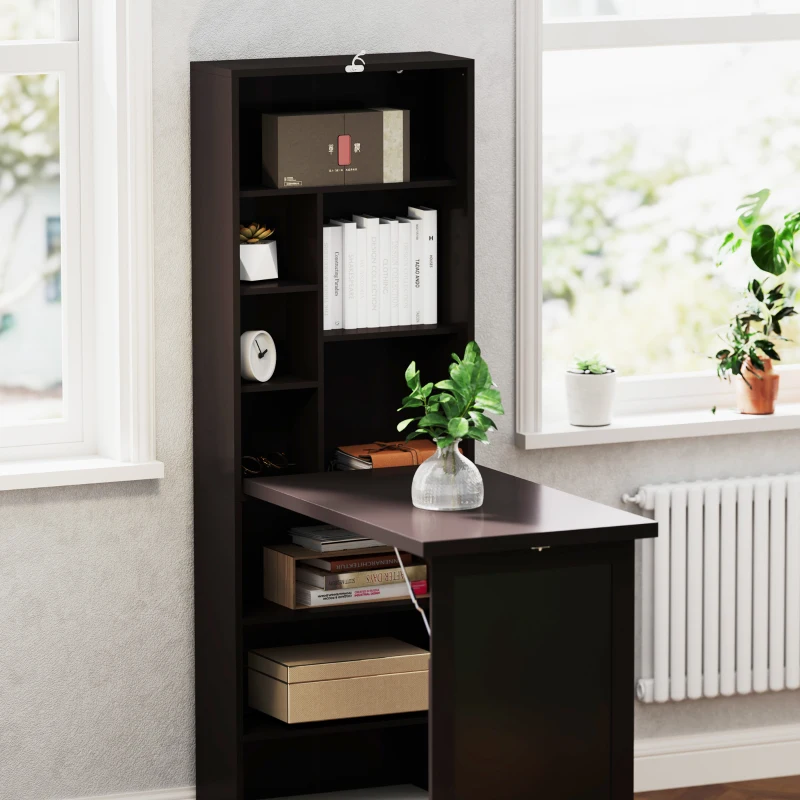 HOMCOM Fold-out Convertible Office Desk, Wall Mount Computer Desk with Blackboard and Side Shelf, Brown