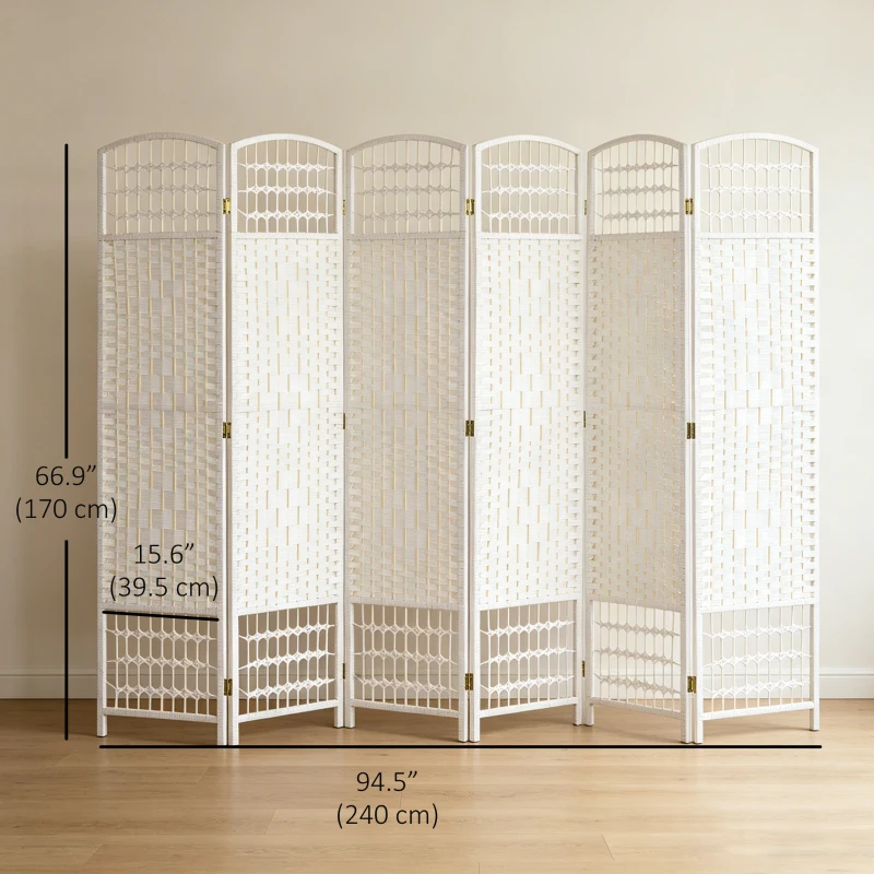 HOMCOM 6 Panel Folding Room Divider, Portable Privacy Screen, Wave Fiber Room Partition for Home Office, White