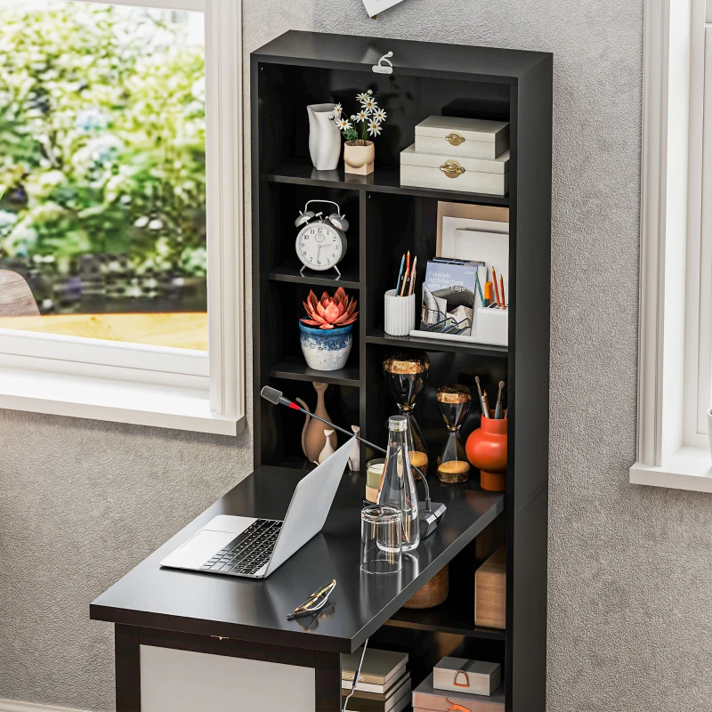 HOMCOM Fold-out Convertible Office Desk, Wall Mount Computer Desk with Whiteboard and Side Shelf, Black