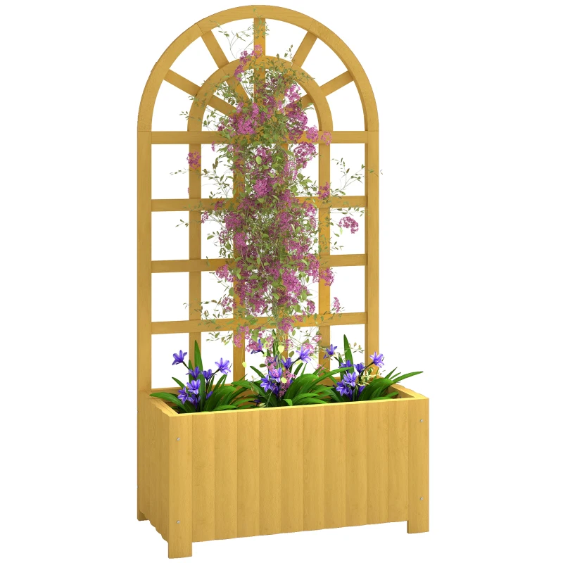 Outsunny Wooden Raised Garden Bed with Lattice Trellis, Outdoor Elevated Planter Box with Drainage Holes for Climbing Plants