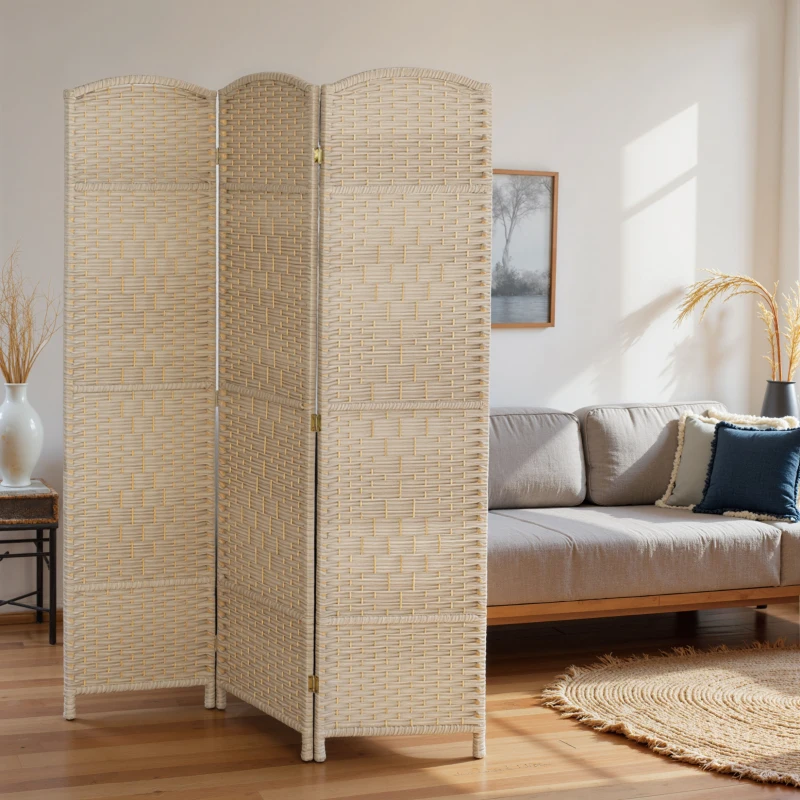 HOMCOM 6 Ft Tall Folding Room Divider, 3 Panel Portable Privacy Screen, Hand-Woven Partition Wall Divider, Light Oak