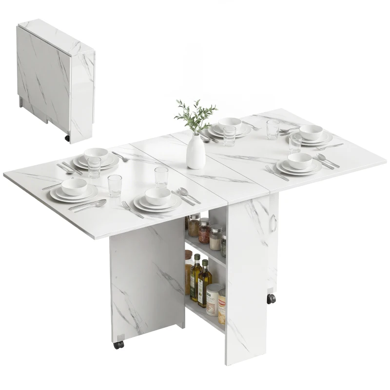 HOMCOM Extendable Dining Table, Collapsible Folding Table with 2-tier Shelves and Rolling Casters, Marble White