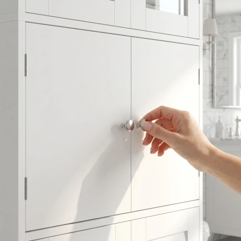HOMCOM Freestanding Bathroom Cabinet with Glass/Louvred Doors, Tall Bathroom Cabinet for Kitchen, Study, Living Room