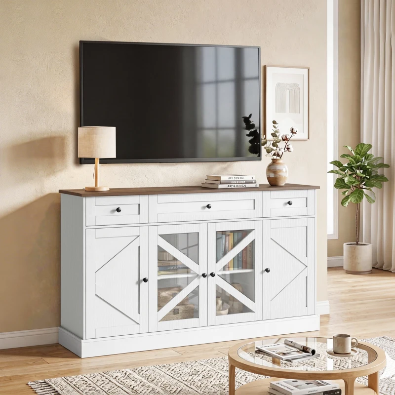 HOMCOM Sideboard Buffet Cabinet, 54" Farmhouse Kitchen Storage Cabinet with Acrylic Barn Doors and 3 Drawers, White Wood Grain