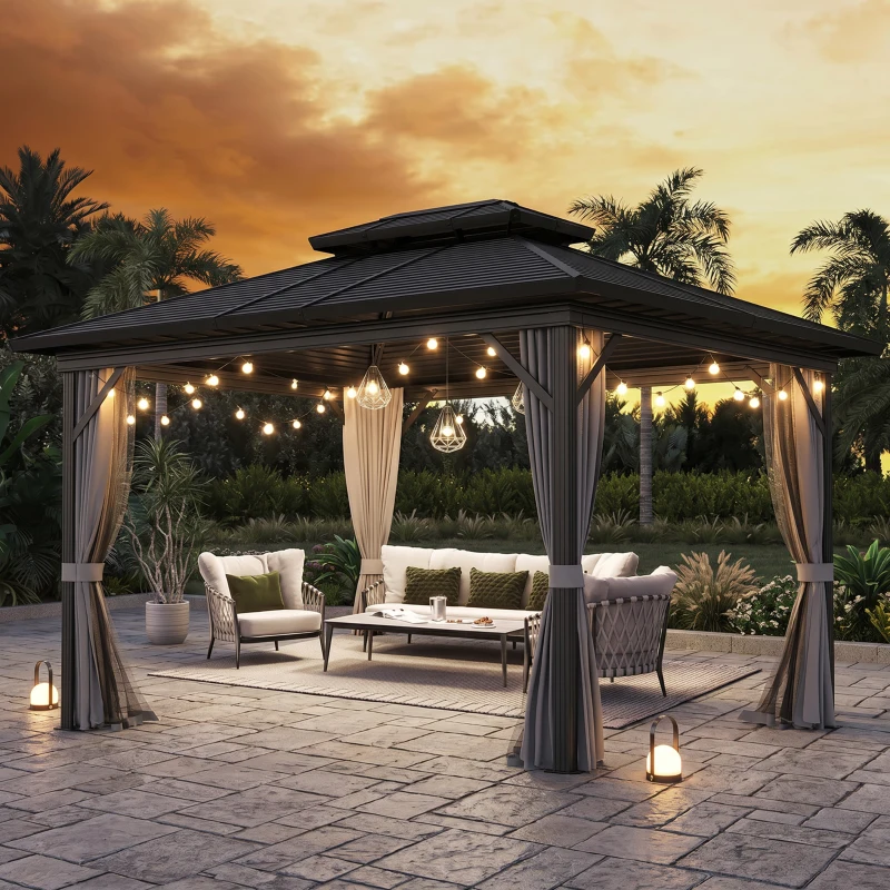 Outsunny 10' x 12' Hardtop Gazebo, Sun Shelter with Double Tier Metal Roof, Mosquito Netting, and Hanging Hook, Light Grey