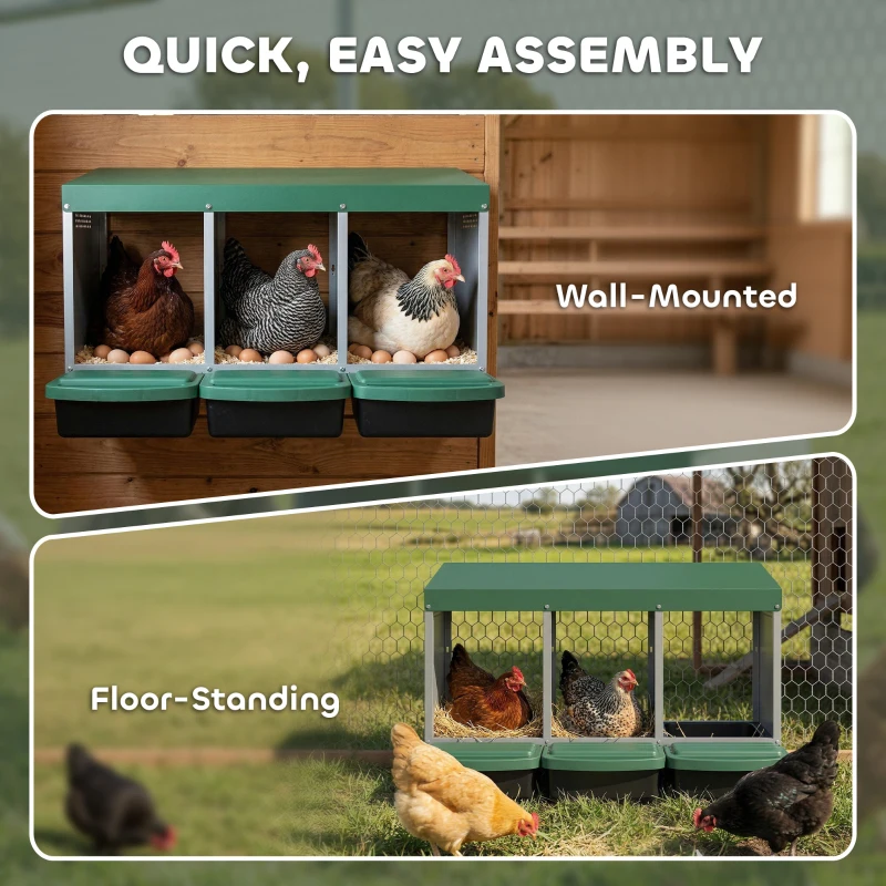 PawHut Chicken Nesting Boxes, 3 Compartment Metal Nesting Boxes for Chicken Coop, Egg Laying Boxes with Lid Cover