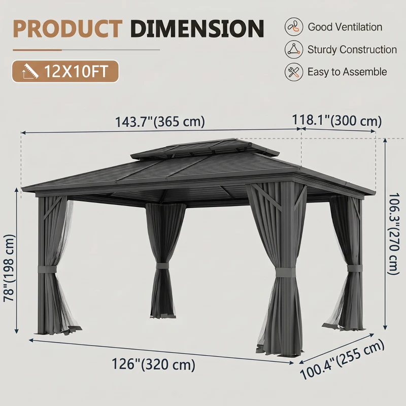 Outsunny 10' x 12' Hardtop Gazebo, Sun Shelter with Double Tier Metal Roof, Mosquito Netting, and Hanging Hook, Light Grey