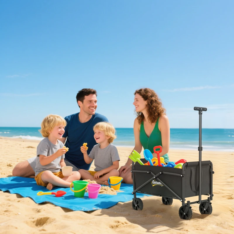 Outsunny Small Collapsible Folding Garden Cart, Heavy Duty Lawn Wagon with Universal Wheels and Adjustable Handle, Black