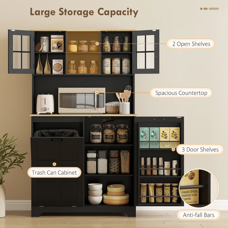 HOMCOM Kitchen Pantry Cabinet with Charging Station, 7 Gallon Trash Can Cabinet, Adjustable Shelves and Acrylic Doors, Black