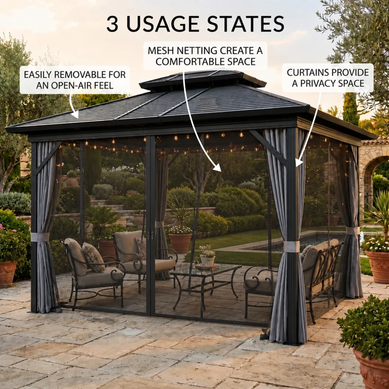 Outsunny 10' x 12' Hardtop Gazebo, Sun Shelter with Double Tier Metal Roof, Mosquito Netting, and Hanging Hook, Light Grey