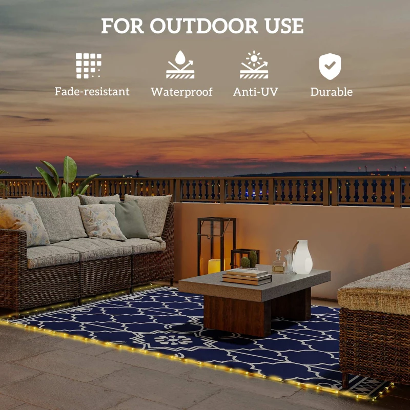 Outsunny Reversible Outdoor Rug Carpet with LED Lights, 10' x 8' PP Straw Rug with Carry Bag and Ground Stakes