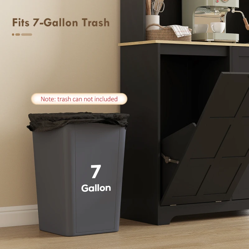 HOMCOM Kitchen Pantry Cabinet with Charging Station, 7 Gallon Trash Can Cabinet, Adjustable Shelves and Acrylic Doors, Black