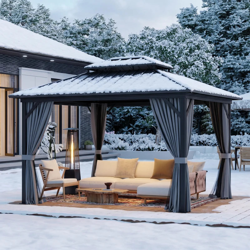 Outsunny 10' x 12' Hardtop Gazebo, Sun Shelter with Double Tier Metal Roof, Mosquito Netting, and Hanging Hook, Light Grey
