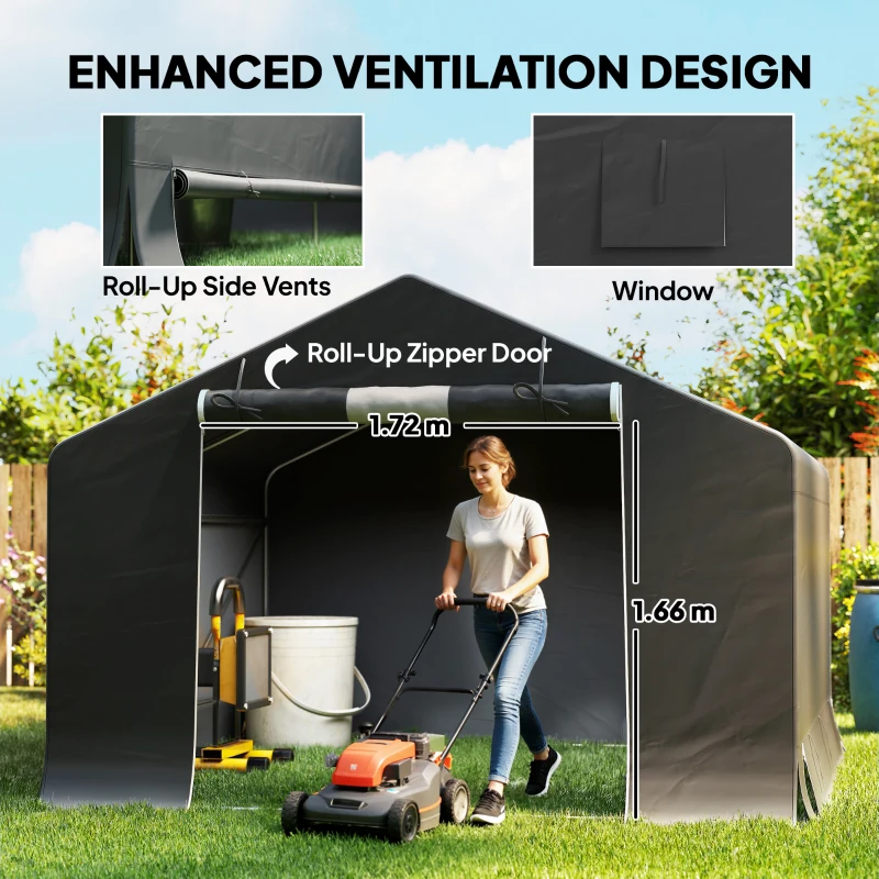 Outsunny 10' x 10' Portable Shed, Waterproof Bike Tent with Roll-up Zipper Door and Reinforced Galvanised Metal Frame, Dark Grey