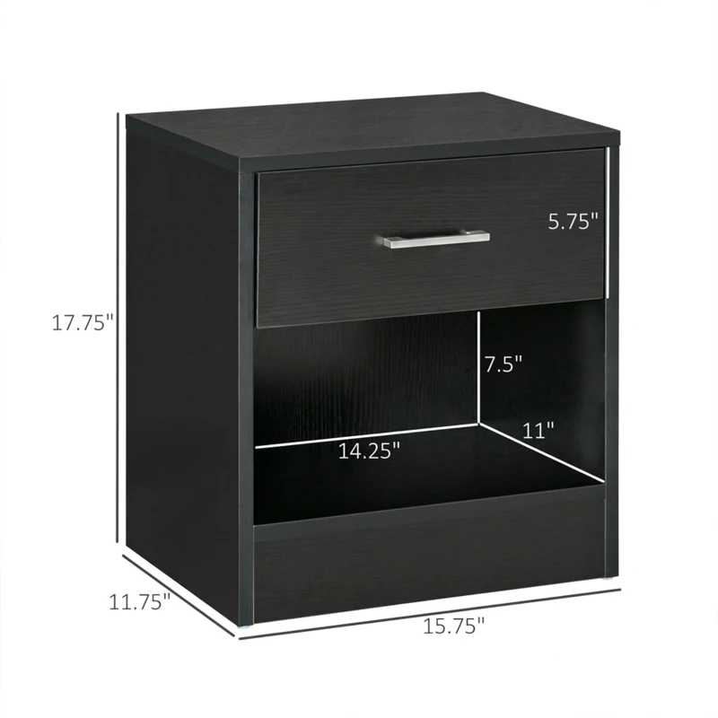 HOMCOM Modern Side Table with Drawer and Storage Shelf, End Table for Living Room, Black Wood Grain