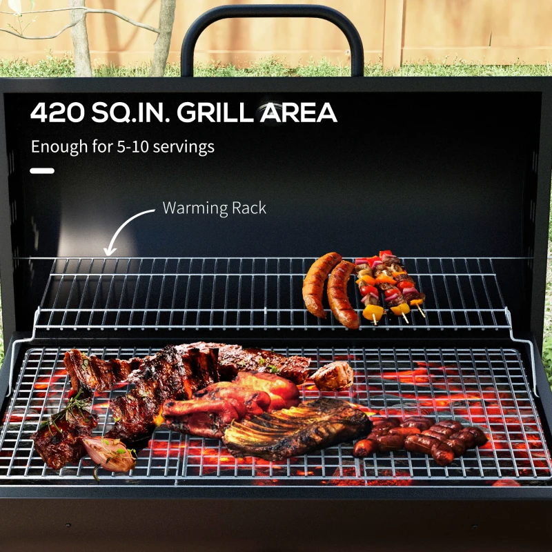Outsunny Barrel Charcoal BBQ Smoker, Barbecue with 420 sq.in. Cooking Area, Wheels, Ash Catcher, Black
