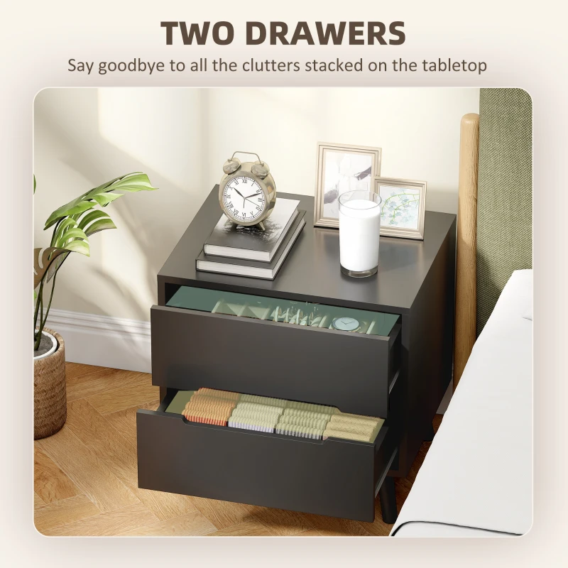 HOMCOM Nightstands Set of 2, Bedside Table with 2 Drawers, Modern Side End Table with Solid  Wood Legs for Bedroom, Black