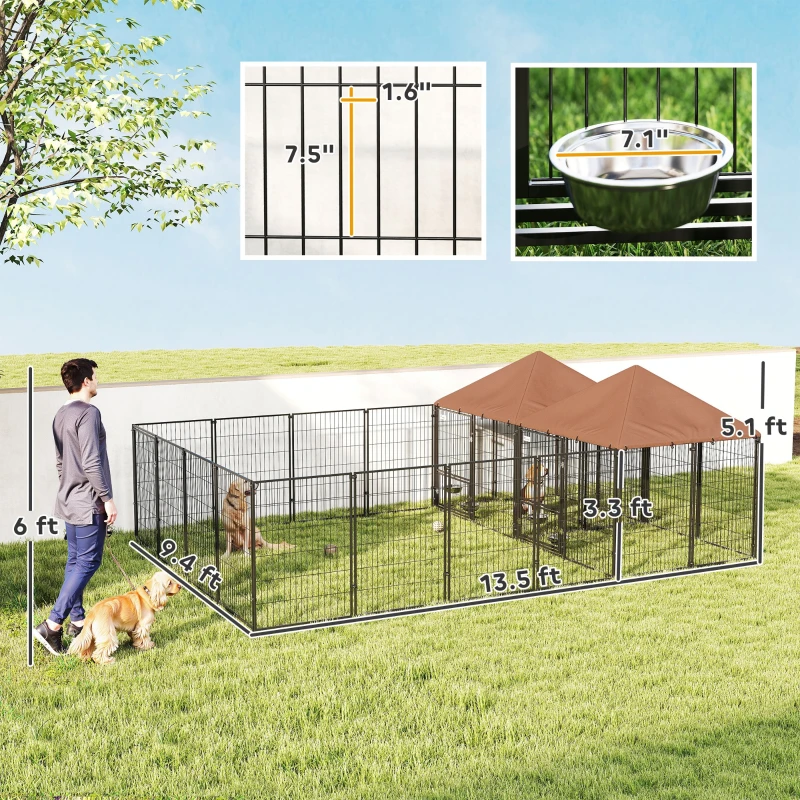 PawHut Large Outdoor Dog Kennel with 2 Rooms, Rotating & Adjustable Height Bowls, 13.5' x 9.4' x 5.1'(m-8)