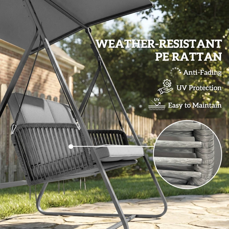 Outsunny 2-Person Outdoor Patio Porch Swing with Adjustable Canopy, Rattan Hanging Swing Bench with Soft Cushions