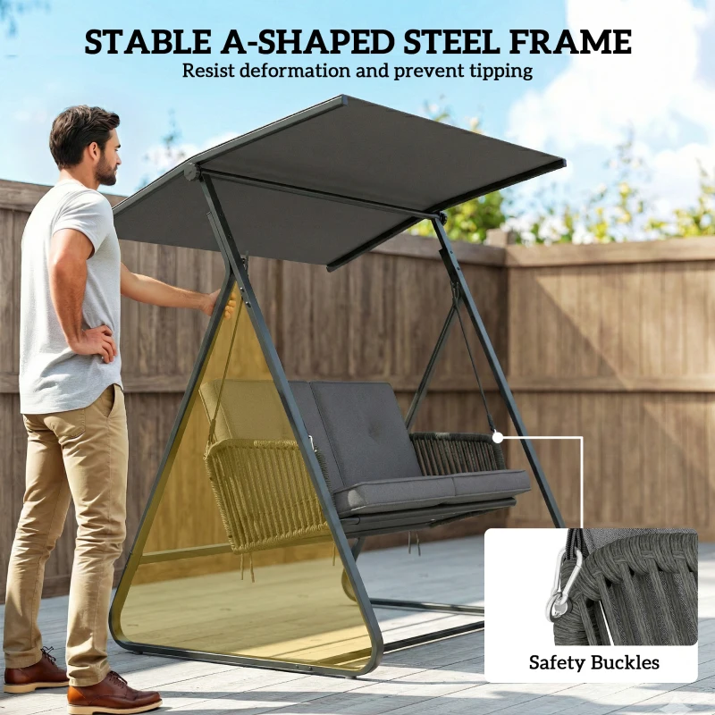 Outsunny 2-Person Outdoor Patio Porch Swing with Adjustable Canopy, Rattan Hanging Swing Bench with Soft Cushions