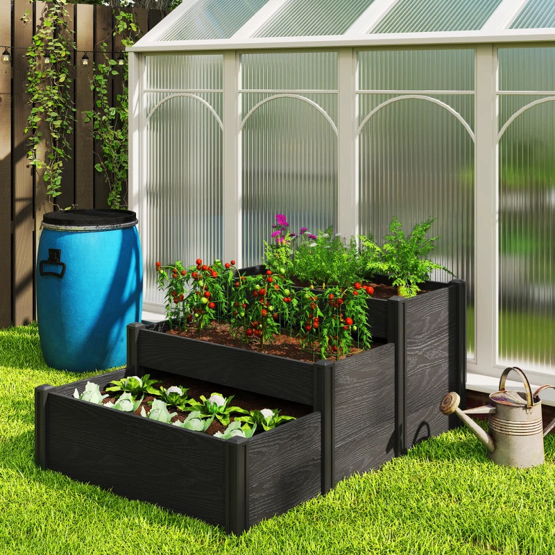 Outsunny Vinyl Raised Garden Bed Kit, 3-Tier Elevated Garden Box with Open Bottom, DIY Assembly, Outdoor Raised Planter Box