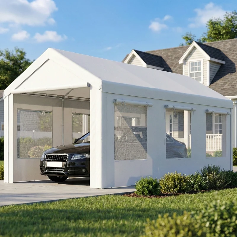 Outsunny 10' x 20' Heavy Duty Carport, Height Adjustable Portable Garage Car Canopy Tent Shelter with Doors, Windows, White