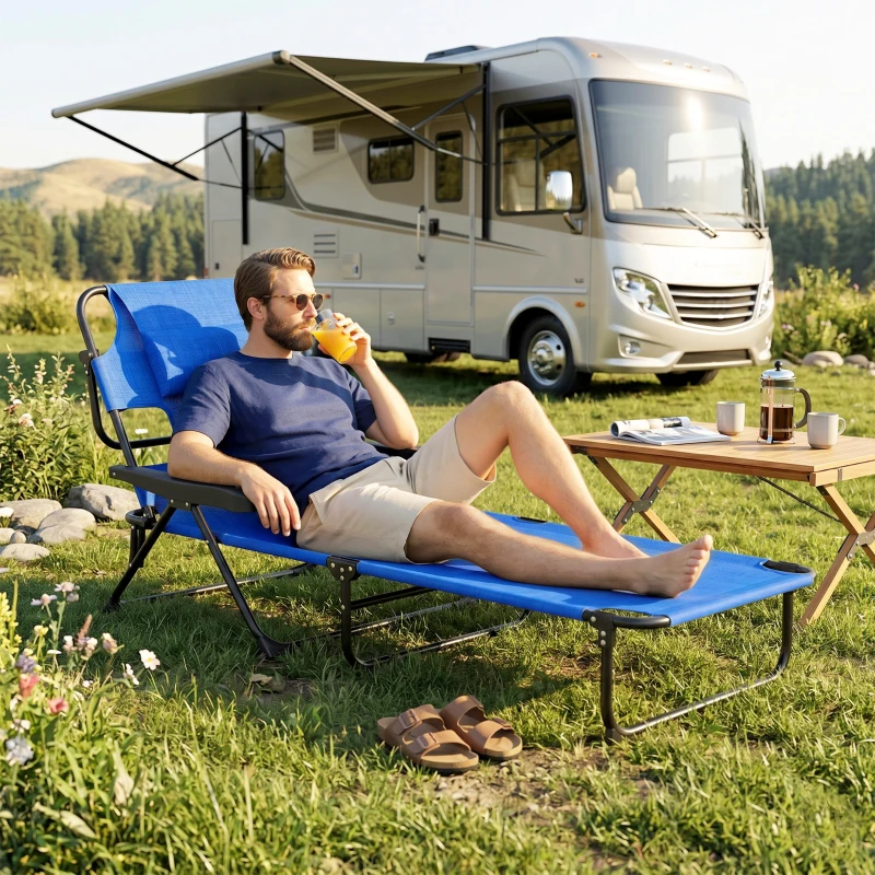 Outsunny Folding Lounge Chair w/ Reclining Back, Dark Blue