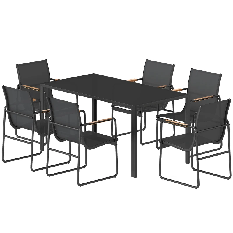 Outsunny 7 Pieces Outdoor Dining Set for 6, Glass Patio Table and Chairs with Decorative Armrests, All Weather Mesh, Black