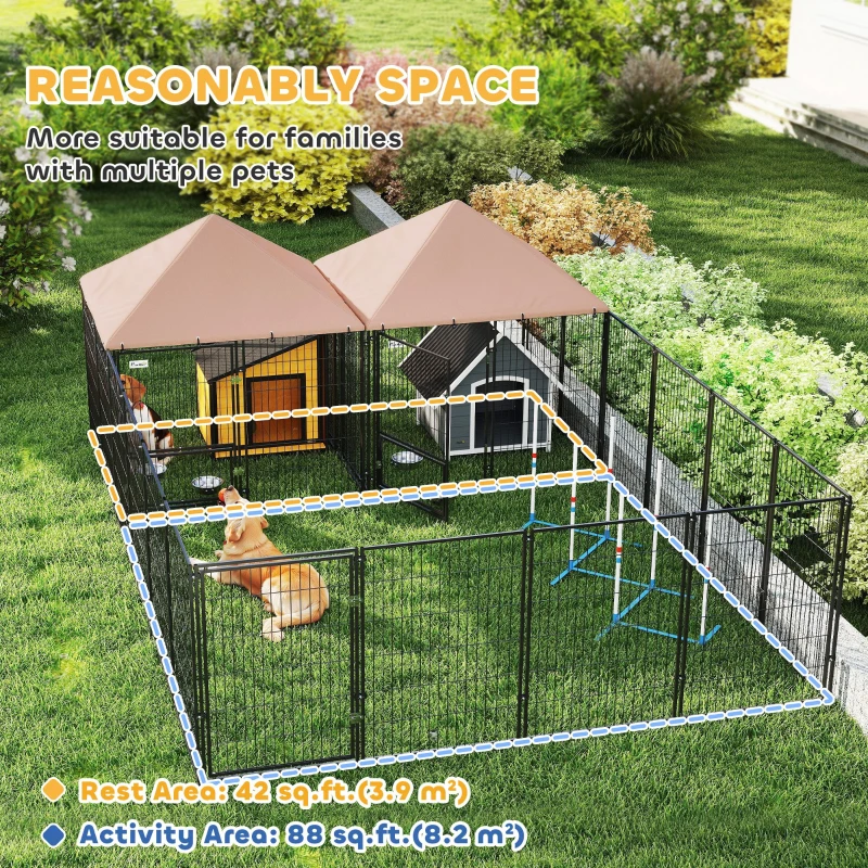 PawHut Large Outdoor Dog Kennel with 2 Rooms, Rotating & Adjustable Height Bowls, 13.5' x 9.4' x 5.1'(m-9)