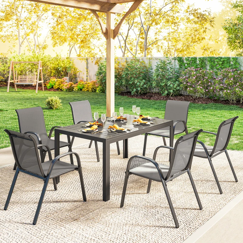 Outsunny 7 Pieces Outdoor Dining Set for 6, Patio Furniture Set with Rectangular Patio Table and Stackable Chairs, Light Grey