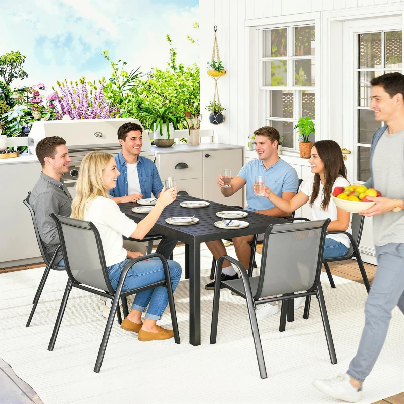 Outsunny 7 Pieces Outdoor Dining Set for 6, Patio Furniture Set with Rectangular Patio Table and Stackable Chairs, Light Grey