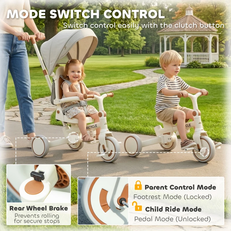 Qaba 7 in 1 Toddler Tricycle w/ Safety Harness, Adjustable & Removable Parent Handle, Canopy, Storage Bag, Brake, Cream White