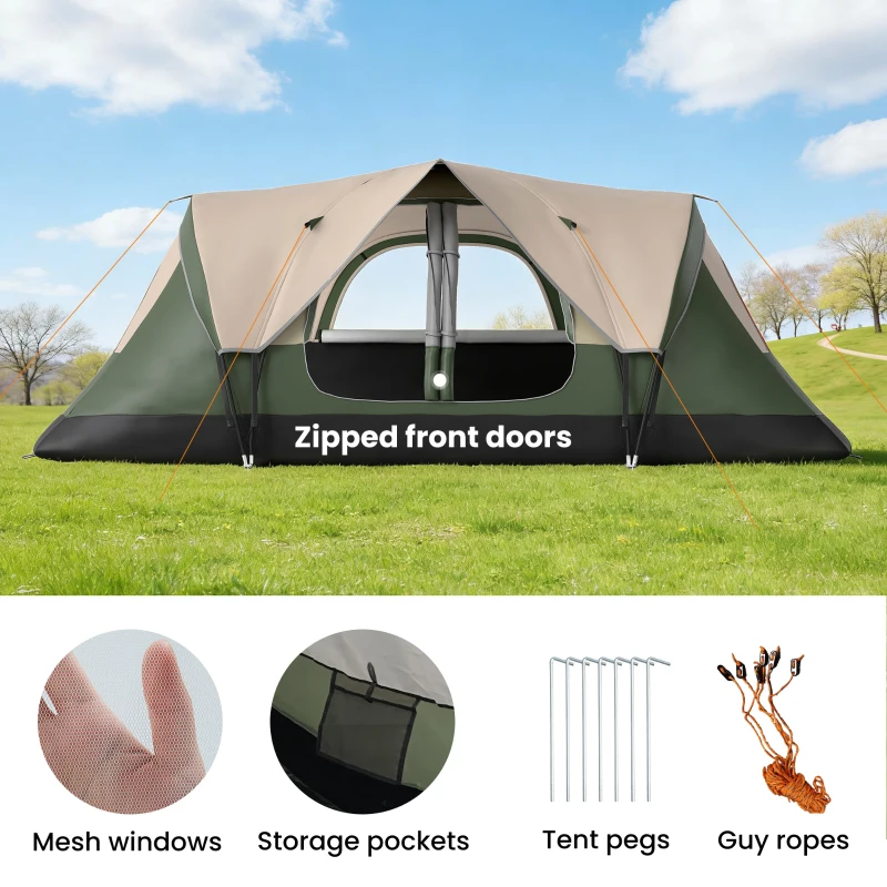 Outsunny Camping Tent for 6-8 Man with 2000mm Waterproof Rainfly and Carry Bag for Fishing Hiking Festival, Dark Green