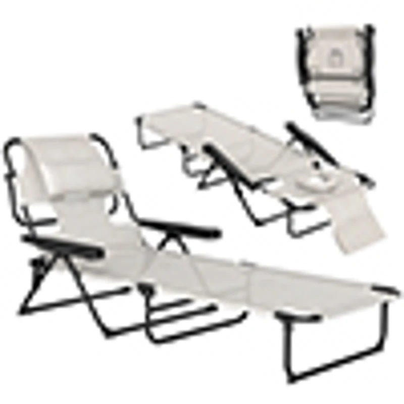 Outsunny Folding Lounge Chair w/ Reclining Back, Cream White