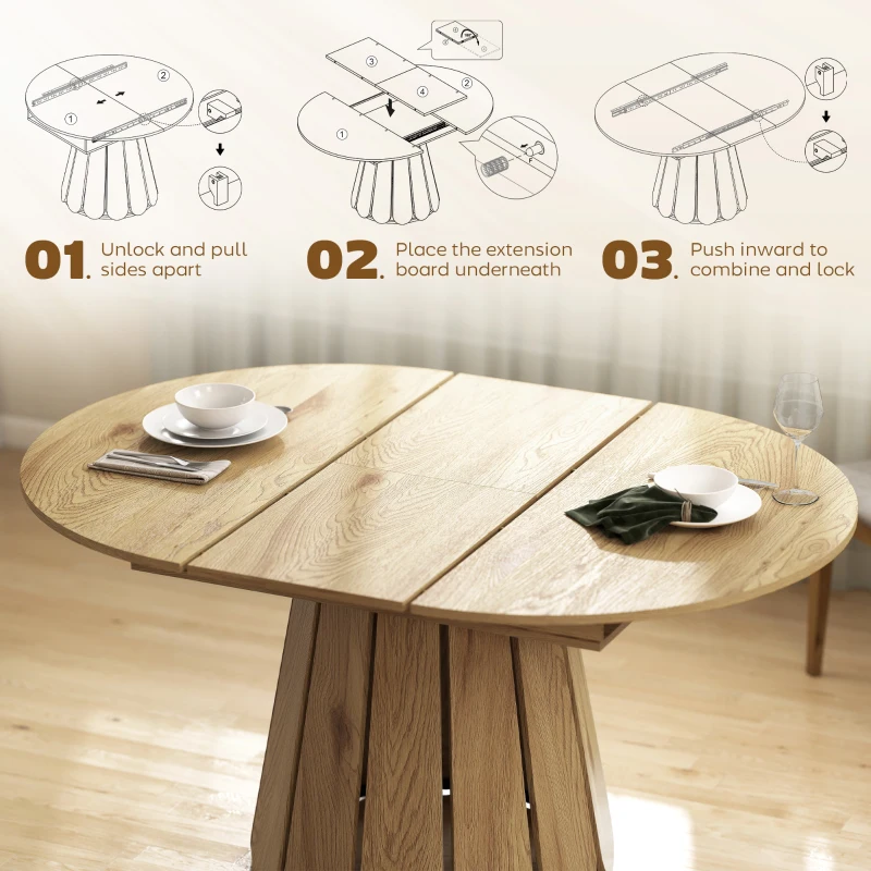 HOMCOM Extendable Dining Table, Round to Oval Convertible Kitchen Table with Storage Shelf for Dining Room, Natural
