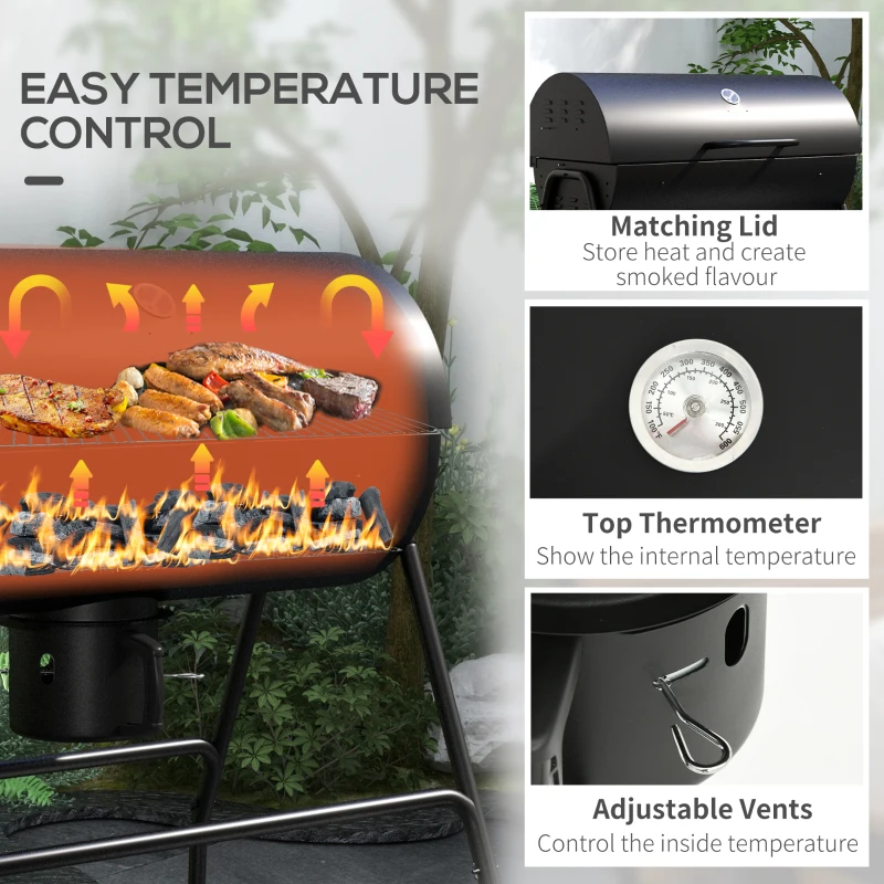 Outsunny Barrel Charcoal BBQ Grill, Barbecue with 420 sq.in. Cooking Area, Wheels, Ash Catcher, Black